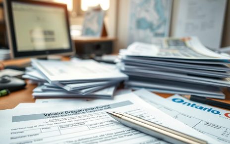 A close-up view of a cluttered desk showcasing essential scrap car paperwork from Ontario. In the foreground, a stack of documents including a title transfer form, a vehicle deregistration form, and blank forms for plates with a pen resting nearby. The middle layer features an organized pile of gathering materials like identification, proof of ownership, and information pamphlets about the scrapping process. In the background, there’s a softly lit workspace with a computer and a map of Ontario, hinting at logistics. Natural lighting filters in from a nearby window, creating a warm, inviting atmosphere. The scene conveys professionalism and preparation, perfect for illustrating the meticulous steps needed for scrapping a car in Ontario.
