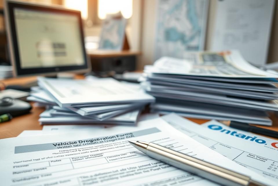 A close-up view of a cluttered desk showcasing essential scrap car paperwork from Ontario. In the foreground, a stack of documents including a title transfer form, a vehicle deregistration form, and blank forms for plates with a pen resting nearby. The middle layer features an organized pile of gathering materials like identification, proof of ownership, and information pamphlets about the scrapping process. In the background, there’s a softly lit workspace with a computer and a map of Ontario, hinting at logistics. Natural lighting filters in from a nearby window, creating a warm, inviting atmosphere. The scene conveys professionalism and preparation, perfect for illustrating the meticulous steps needed for scrapping a car in Ontario.